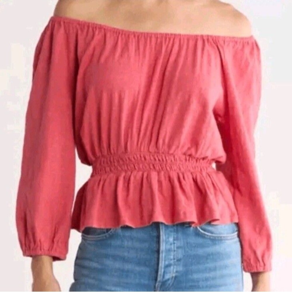 Marine Layer Women's Smocked Waist Off Shoulder Top Size M Cotton Pink